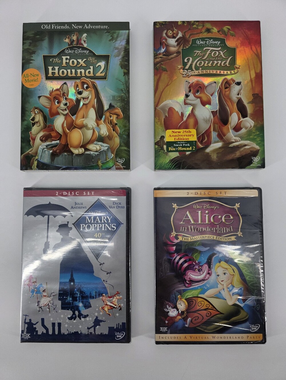 4 Disney Dvd Bundle, Fox And The Hound 1 +  2, Mary Poppins, Alice In Wonderland